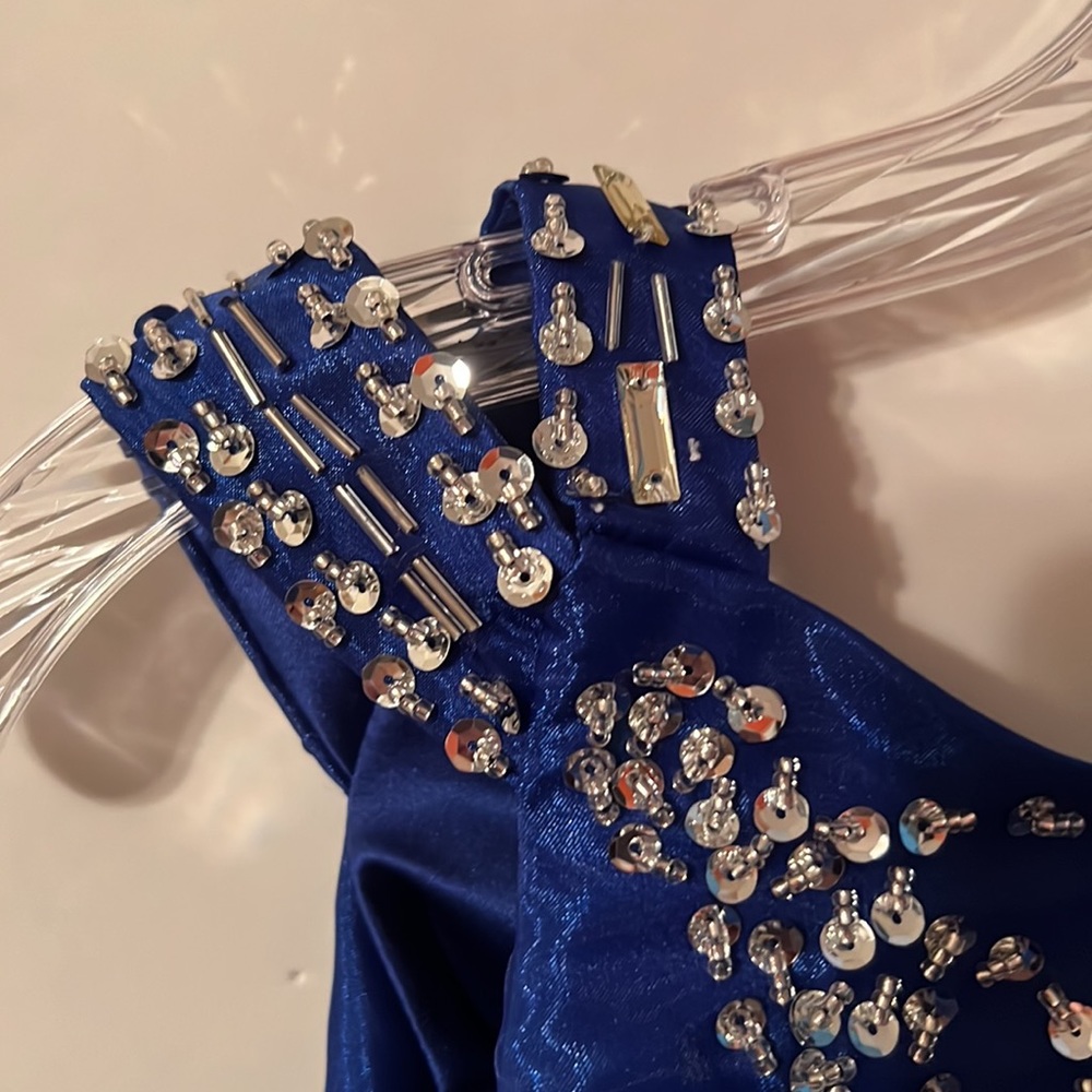 Little Girls Royal Blue Ruffle Organza Party Dress with Embellished Bodice - Picture 3 of 10
